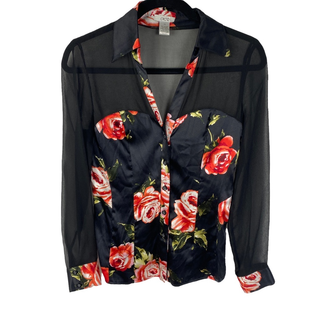 Cache Silk Blend Button Up Blouse Size Xs Black F… - image 2